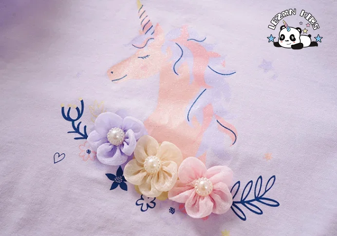 LEZONKIDS - New Design Two Piece Girl Princess Lace unicorn  Printing Suit Dress T-shirt Tutu Skirt for Girls